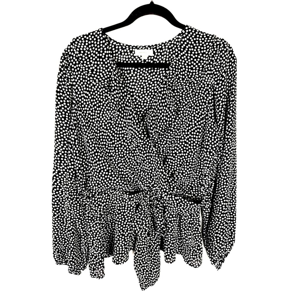 Max Studio Polka Dot Ruffle Faux Wrap Blouse 1X Black White Peplum Boho Top EUC